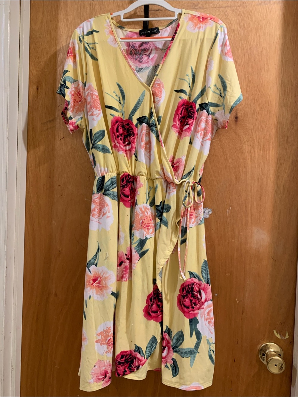 Derek Heart Yellow Floral Wrap Midi Dress with Pink Roses